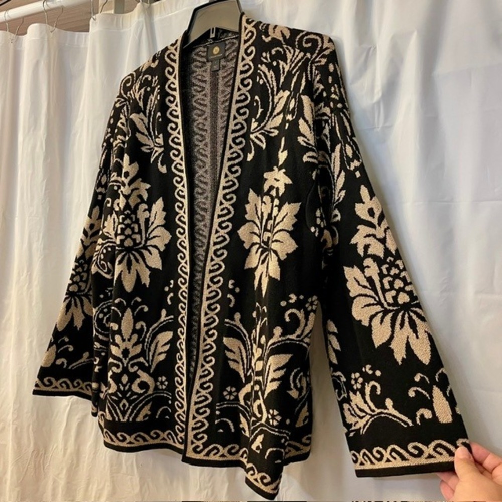 JM Collection Women Black Gold Metallic Damask Jacquard Open Front Cardigan Sz L - Picture 2 of 8